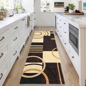 1 PC Washable Rug Abstract Circles Rug Contemporary Modern Area Rug Stain Resistant Accent Rug Low Pile Throw Carpet Non Shedding Floor Carpet Non Slip Indoor Throw Rug For Hallway Bedside Bedroom Living Room, Brown/Yellow