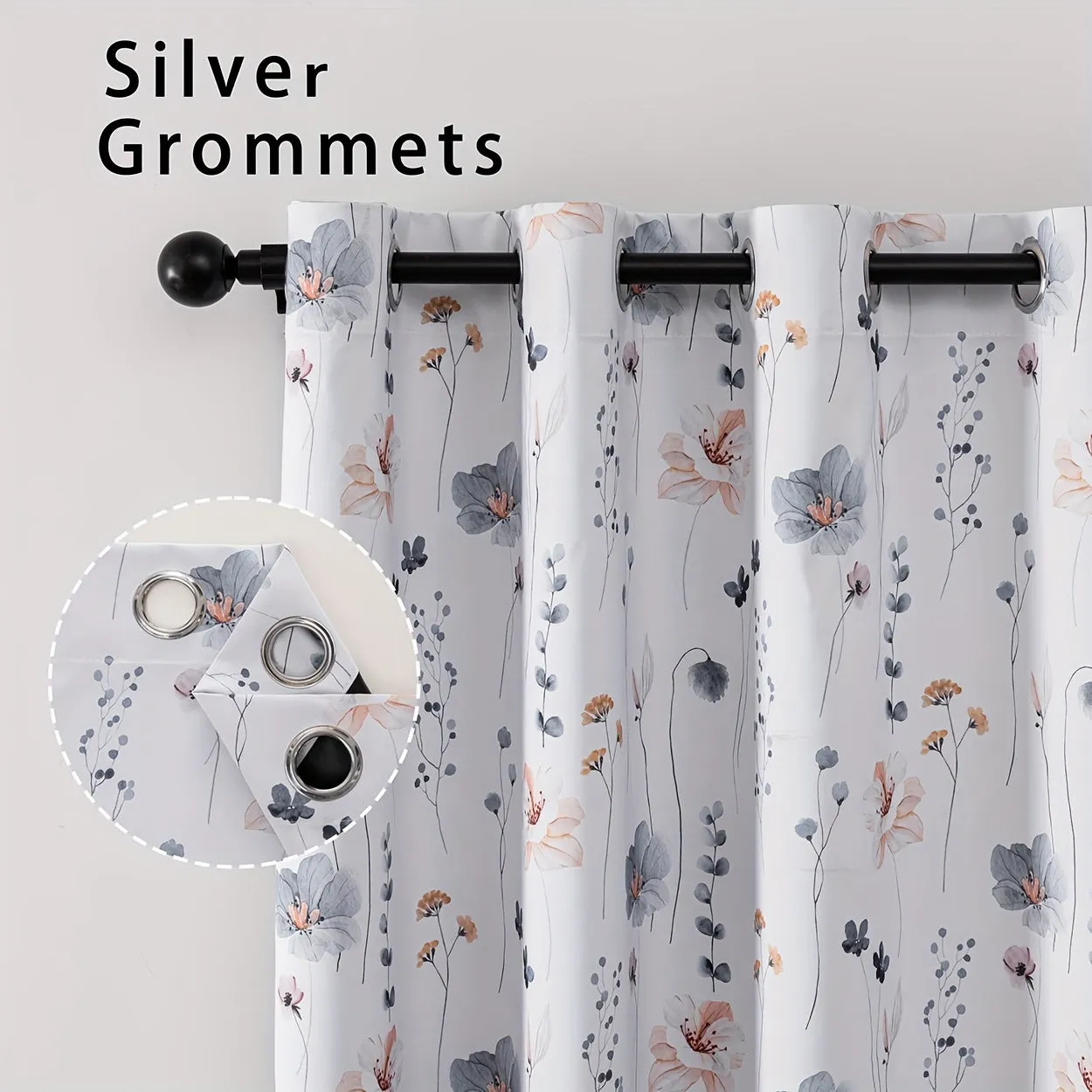 2Panels Flowers 100% Blackout Curtains, Chic Blue Flower Curtains, Top Ring Hanging, Sunscreen Insulation Shading Thick Noise Reduction Film Coated Shading Curtains, Deep Sleep Curtains, For The Bedroom Living Room Balcony Home Decoration