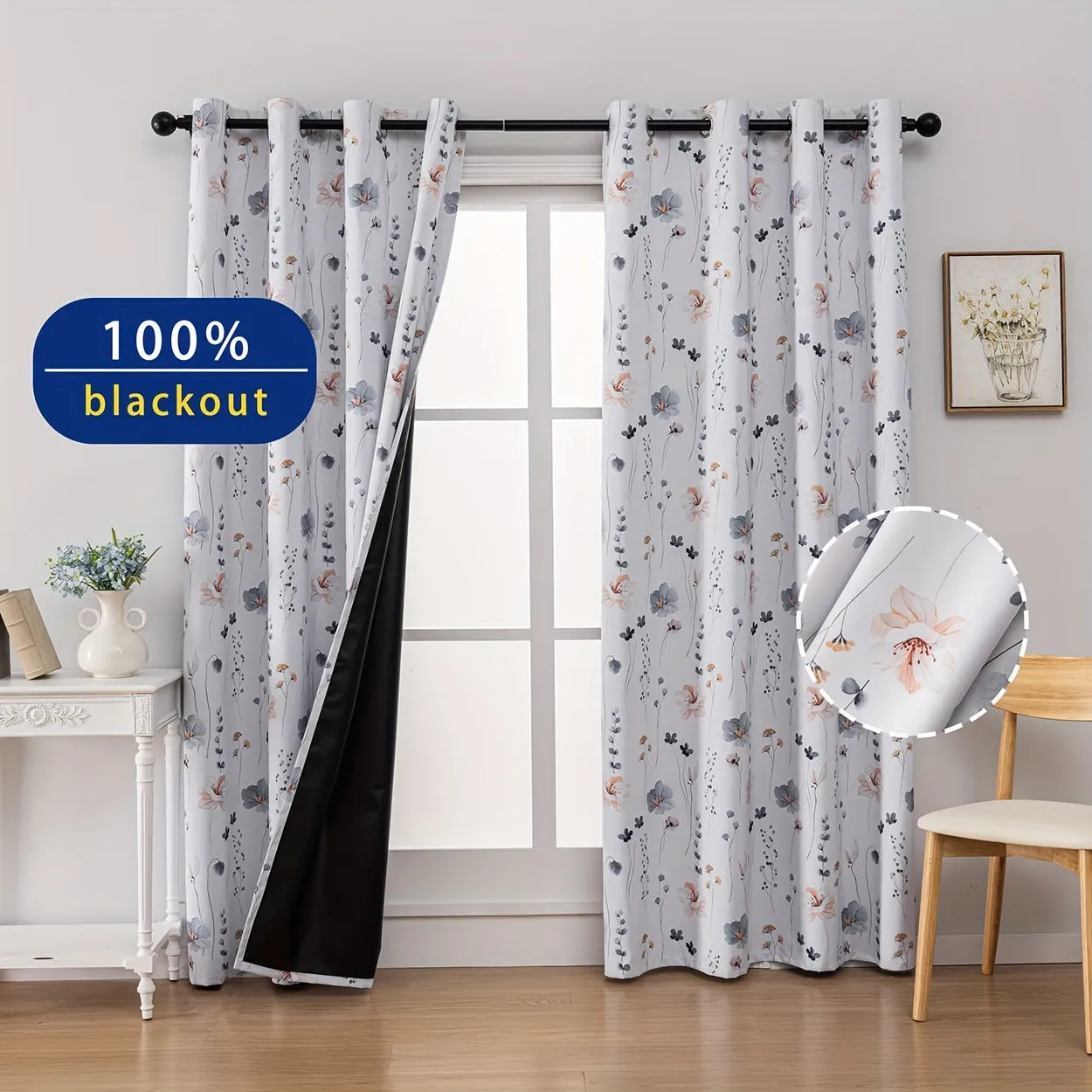 2Panels Flowers 100% Blackout Curtains, Chic Blue Flower Curtains, Top Ring Hanging, Sunscreen Insulation Shading Thick Noise Reduction Film Coated Shading Curtains, Deep Sleep Curtains, For The Bedroom Living Room Balcony Home Decoration