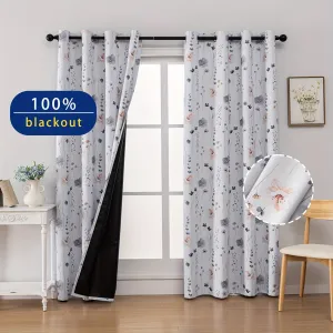 2Panels Flowers 100% Blackout Curtains, Chic Blue Flower Curtains, Top Ring Hanging, Sunscreen Insulation Shading Thick Noise Reduction Film Coated Shading Curtains, Deep Sleep Curtains, For The Bedroom Living Room Balcony Home Decoration