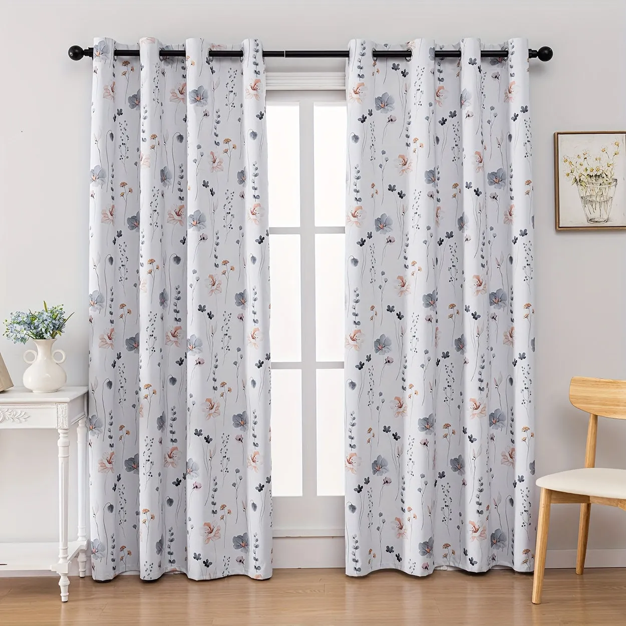 2Panels Flowers 100% Blackout Curtains, Chic Blue Flower Curtains, Top Ring Hanging, Sunscreen Insulation Shading Thick Noise Reduction Film Coated Shading Curtains, Deep Sleep Curtains, For The Bedroom Living Room Balcony Home Decoration