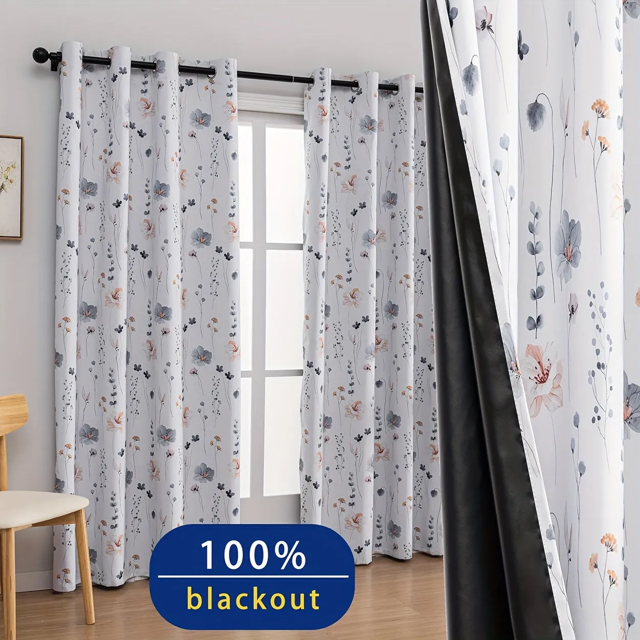 2Panels Flowers 100% Blackout Curtains, Chic Blue Flower Curtains, Top Ring Hanging, Sunscreen Insulation Shading Thick Noise Reduction Film Coated Shading Curtains, Deep Sleep Curtains, For The Bedroom Living Room Balcony Home Decoration