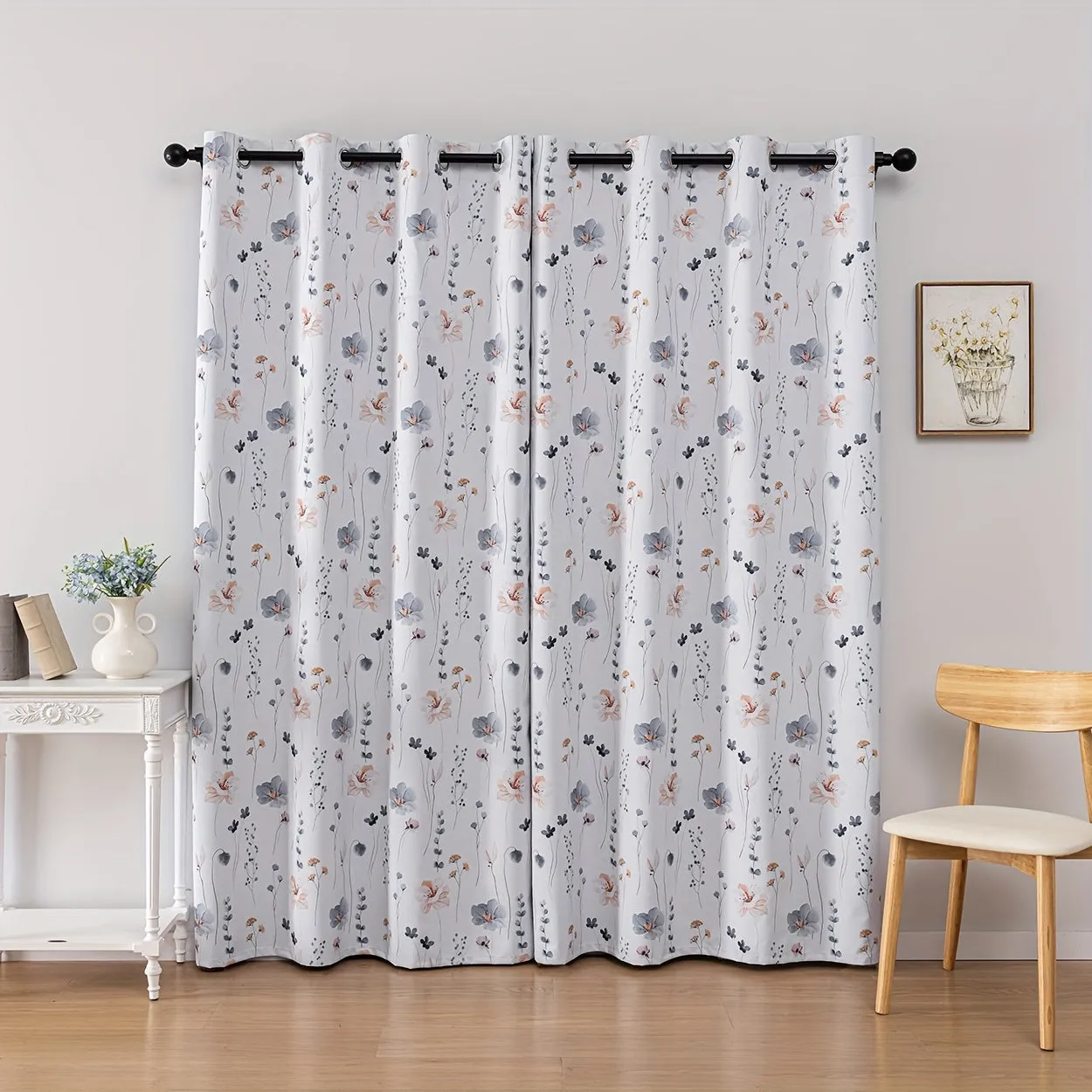 2Panels Flowers 100% Blackout Curtains, Chic Blue Flower Curtains, Top Ring Hanging, Sunscreen Insulation Shading Thick Noise Reduction Film Coated Shading Curtains, Deep Sleep Curtains, For The Bedroom Living Room Balcony Home Decoration