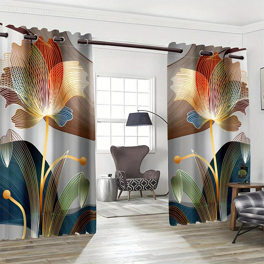 2pcs, Abstract Floral Golden Line Modern Floral Digital Printed Curtain Living Room Curtains, Grommet Top Curtains For Living Room Furniture Decoration Home Decor