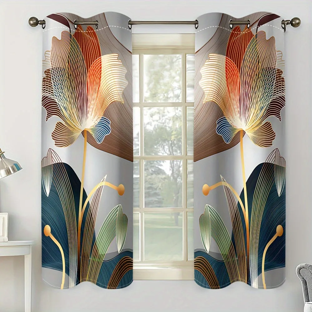 2pcs, Abstract Floral Golden Line Modern Floral Digital Printed Curtain Living Room Curtains, Grommet Top Curtains For Living Room Furniture Decoration Home Decor