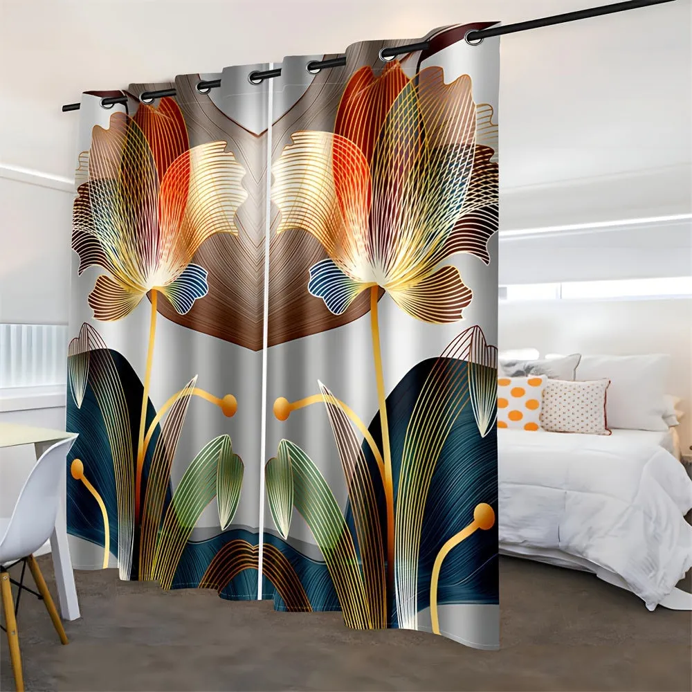 2pcs, Abstract Floral Golden Line Modern Floral Digital Printed Curtain Living Room Curtains, Grommet Top Curtains For Living Room Furniture Decoration Home Decor