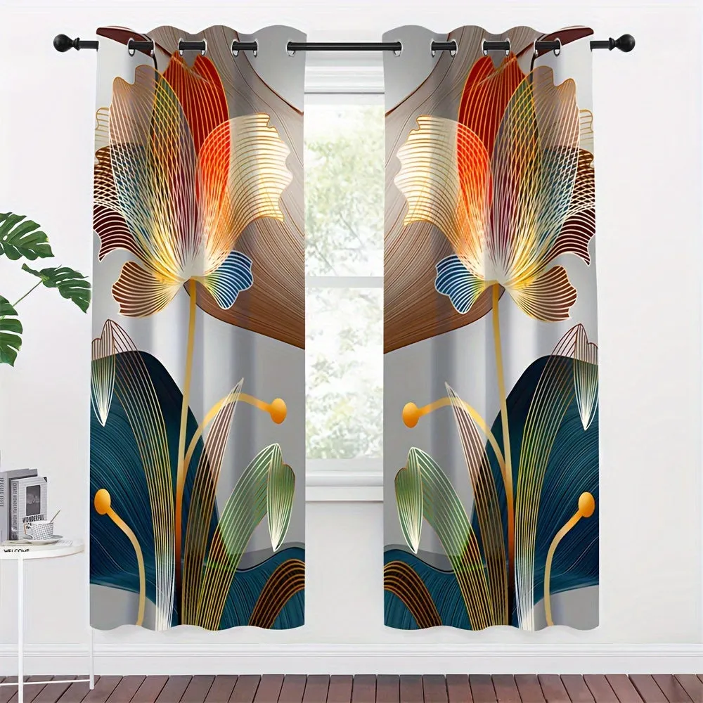 2pcs, Abstract Floral Golden Line Modern Floral Digital Printed Curtain Living Room Curtains, Grommet Top Curtains For Living Room Furniture Decoration Home Decor