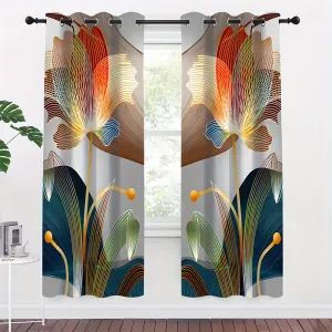 2pcs, Abstract Floral Golden Line Modern Floral Digital Printed Curtain Living Room Curtains, Grommet Top Curtains For Living Room Furniture Decoration Home Decor