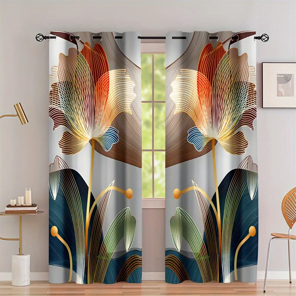 2pcs, Abstract Floral Golden Line Modern Floral Digital Printed Curtain Living Room Curtains, Grommet Top Curtains For Living Room Furniture Decoration Home Decor