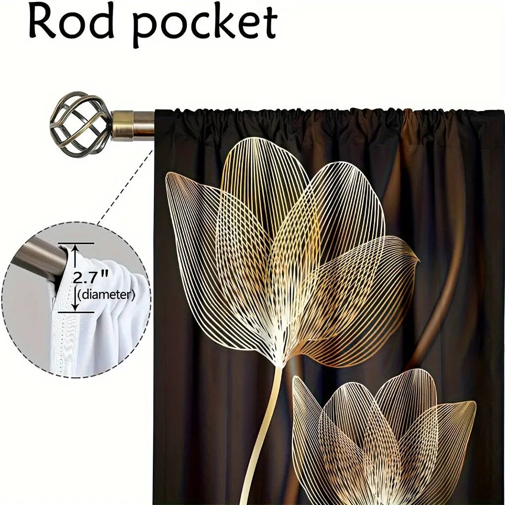 2pcs Modern Simple Golden And Black Flowers Digital Printing Curtains, Rod Pocket Design For Easy Hanging, Protection Privacy Curtain For Bedroom, Living Rooms, Kitchen, Study, Dining Room, Playroom, Home Decor Essentials