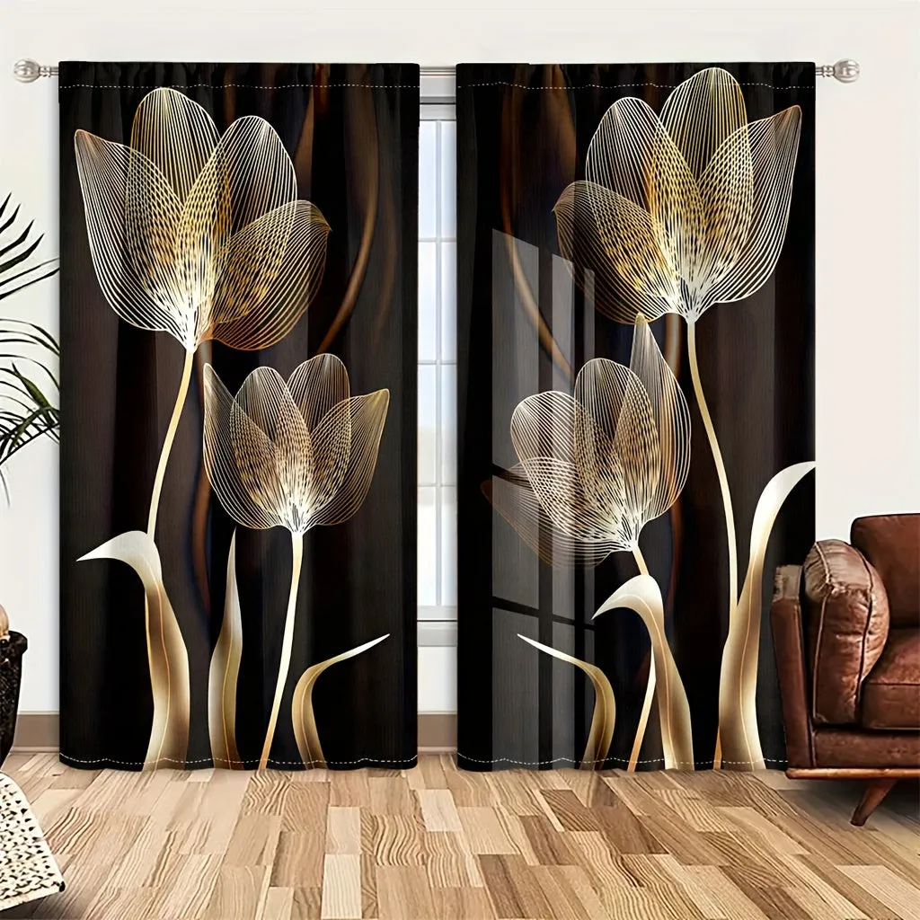 2pcs Modern Simple Golden And Black Flowers Digital Printing Curtains, Rod Pocket Design For Easy Hanging, Protection Privacy Curtain For Bedroom, Living Rooms, Kitchen, Study, Dining Room, Playroom, Home Decor Essentials