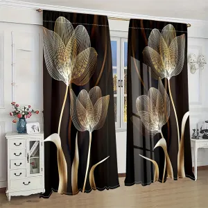 2pcs Modern Simple Golden And Black Flowers Digital Printing Curtains, Rod Pocket Design For Easy Hanging, Protection Privacy Curtain For Bedroom, Living Rooms, Kitchen, Study, Dining Room, Playroom, Home Decor Essentials