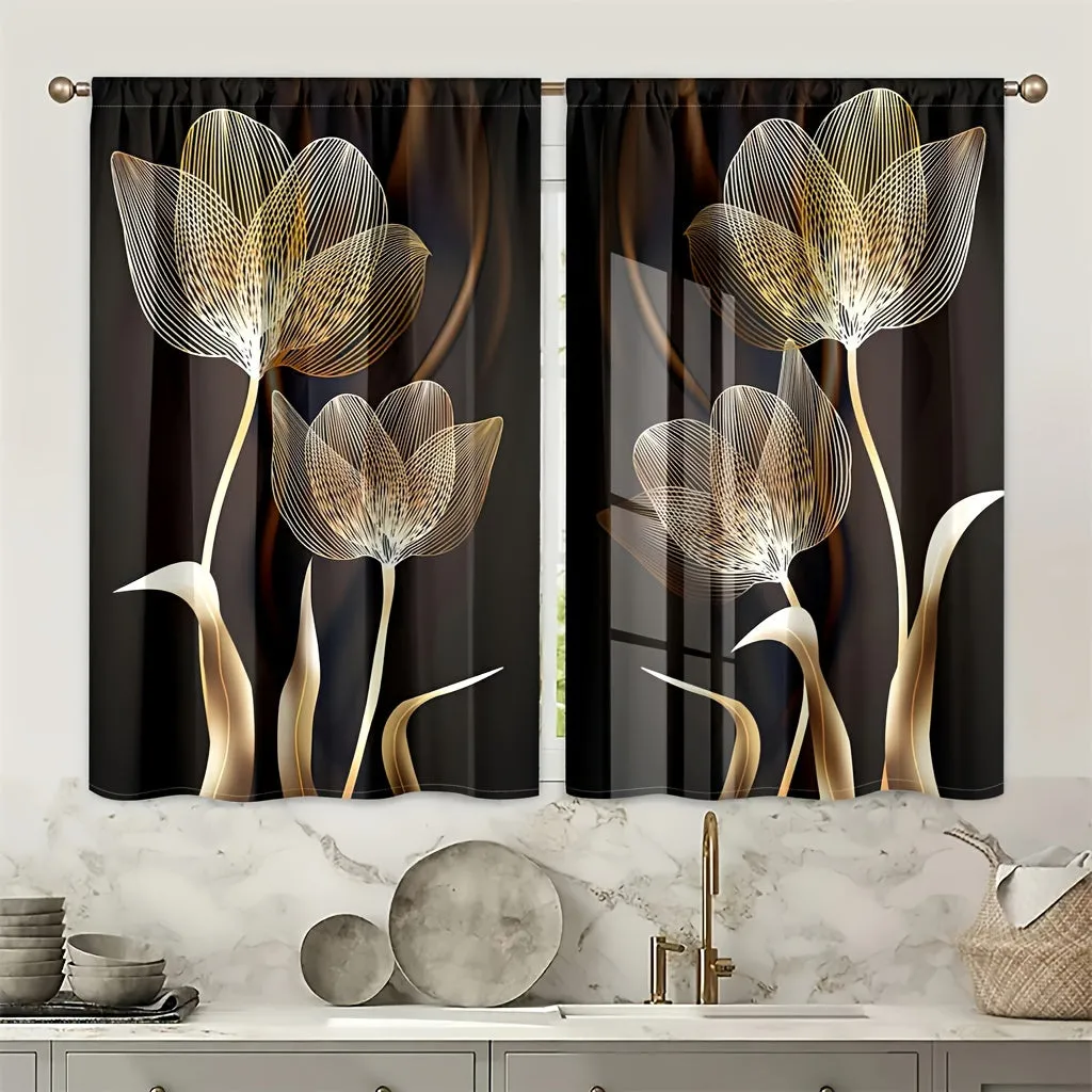 2pcs Modern Simple Golden And Black Flowers Digital Printing Curtains, Rod Pocket Design For Easy Hanging, Protection Privacy Curtain For Bedroom, Living Rooms, Kitchen, Study, Dining Room, Playroom, Home Decor Essentials