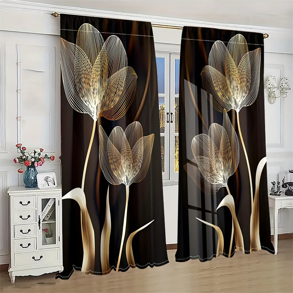 2pcs Modern Simple Golden And Black Flowers Digital Printing Curtains, Rod Pocket Design For Easy Hanging, Protection Privacy Curtain For Bedroom, Living Rooms, Kitchen, Study, Dining Room, Playroom, Home Decor Essentials