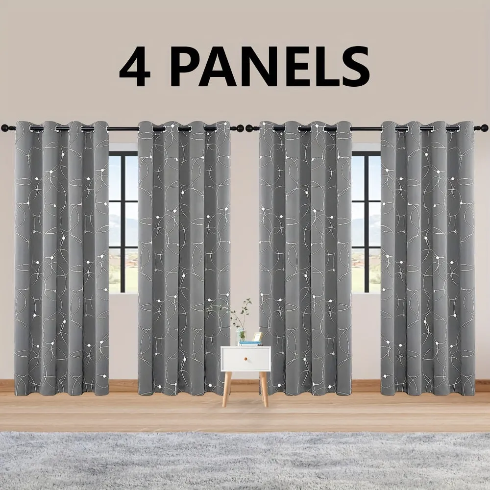 4 Blackout Curtains With Perforated Top Window Treatment, Perfect For Ultra Wide Windows, Triple Weave Design, With Circular And Circular Dots, Used For Bedrooms
