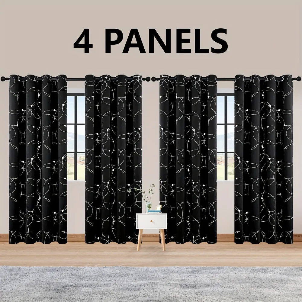 4 Blackout Curtains With Perforated Top Window Treatment, Perfect For Ultra Wide Windows, Triple Weave Design, With Circular And Circular Dots, Used For Bedrooms
