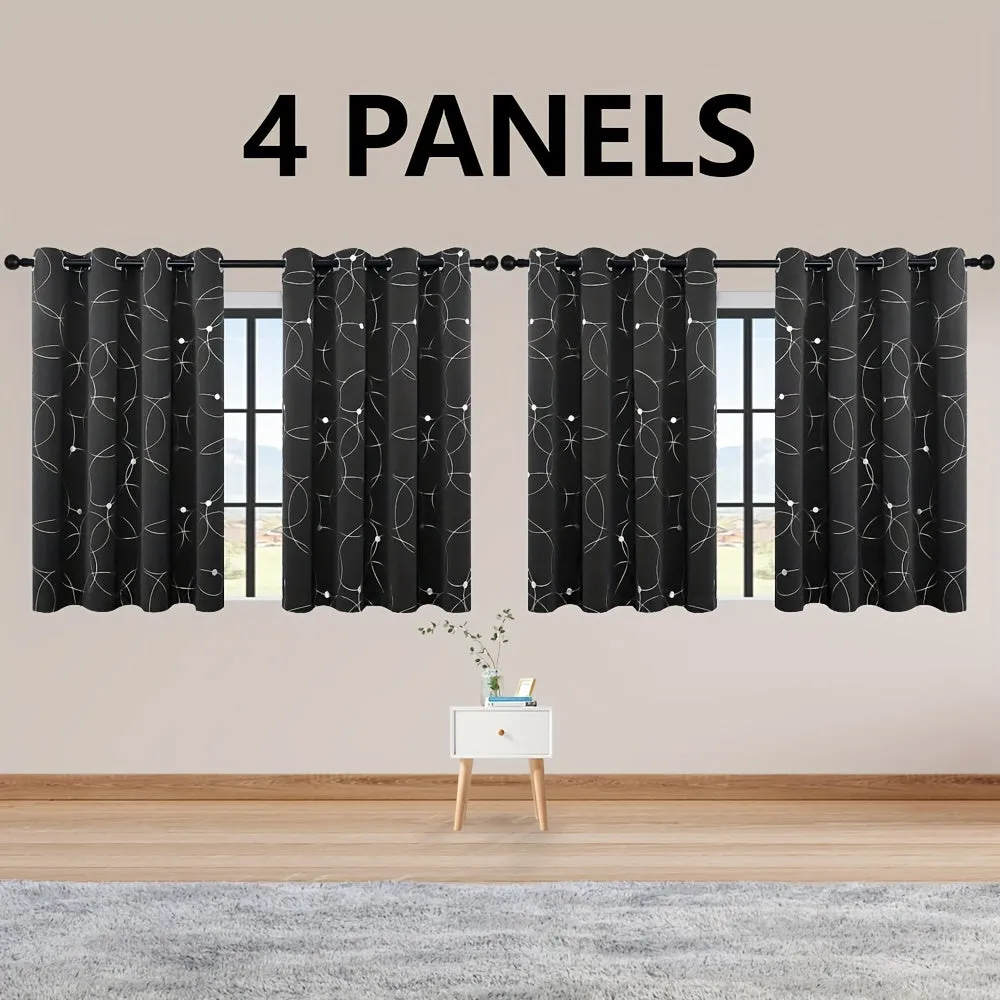 4 Blackout Curtains With Perforated Top Window Treatment, Perfect For Ultra Wide Windows, Triple Weave Design, With Circular And Circular Dots, Used For Bedrooms