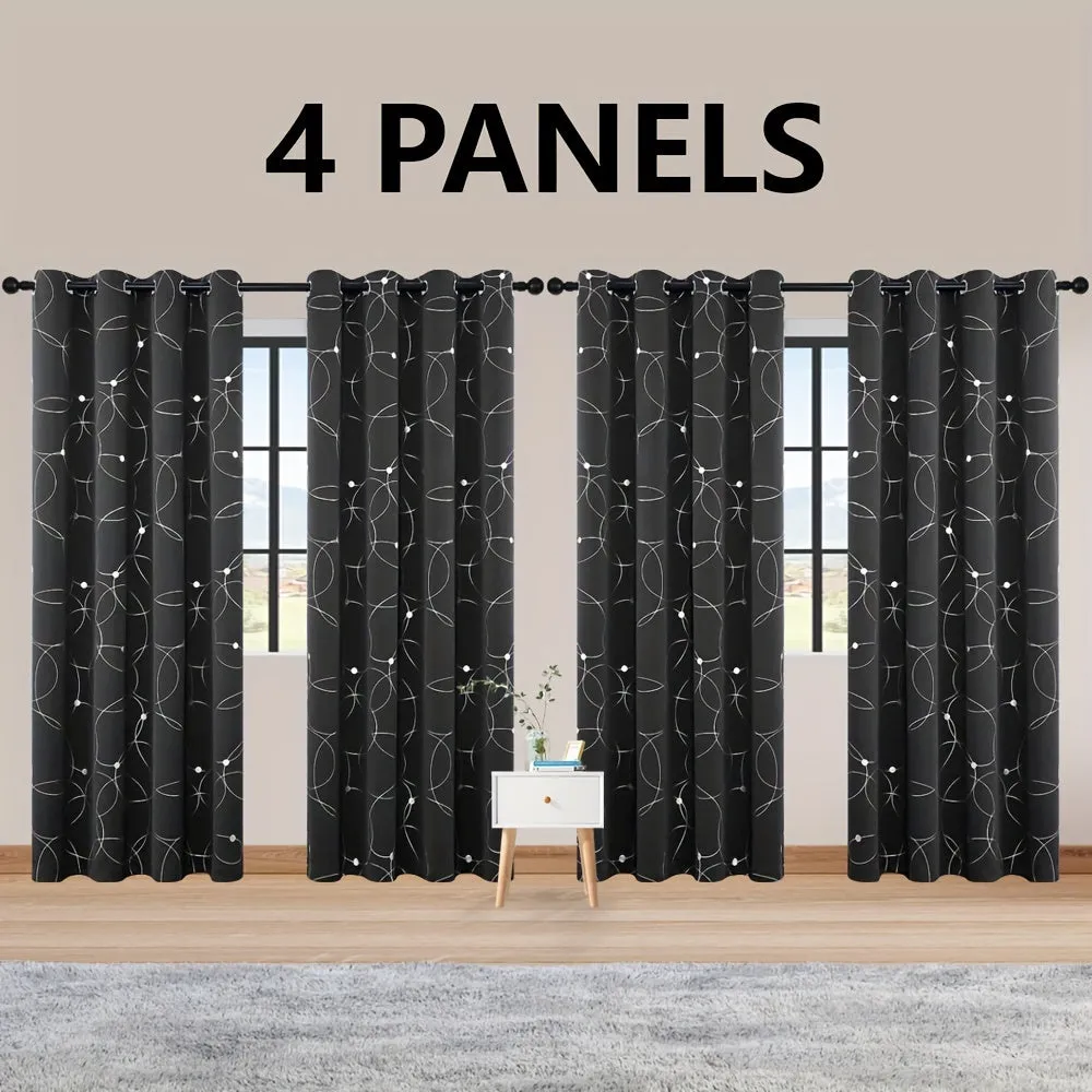 4 Blackout Curtains With Perforated Top Window Treatment, Perfect For Ultra Wide Windows, Triple Weave Design, With Circular And Circular Dots, Used For Bedrooms