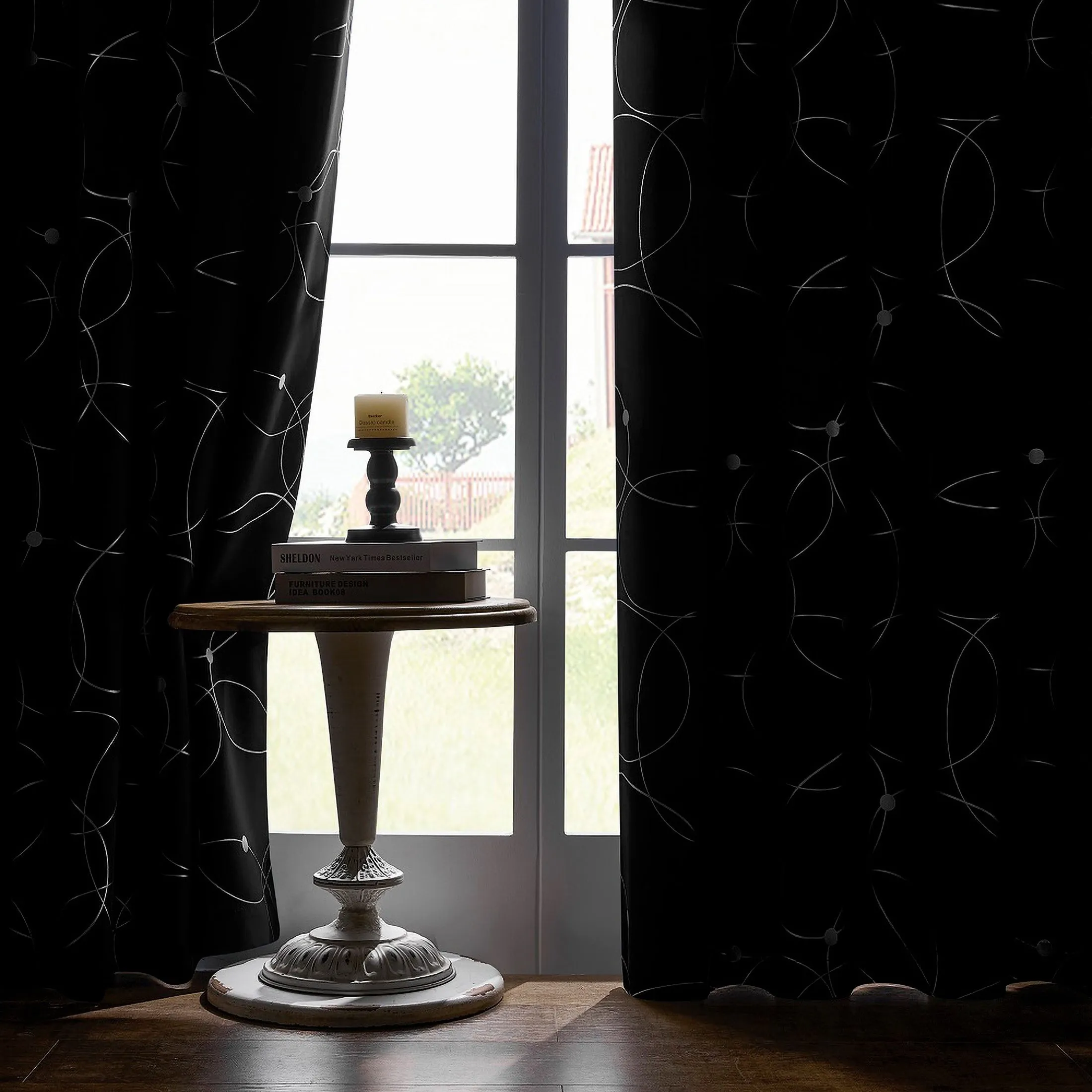 4 Blackout Curtains With Perforated Top Window Treatment, Perfect For Ultra Wide Windows, Triple Weave Design, With Circular And Circular Dots, Used For Bedrooms