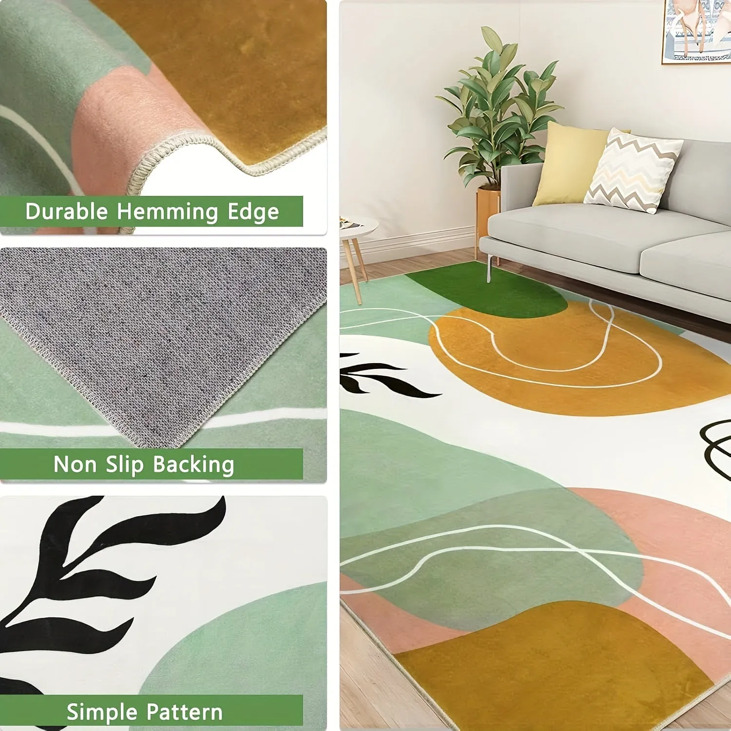 5x7 Washable Rug Boho Area Rug Abstract Living Room Rug, Mid Century Modern Non-Slip Carpet Low Pile Large Rugs for Living Room, Bedroom, Green