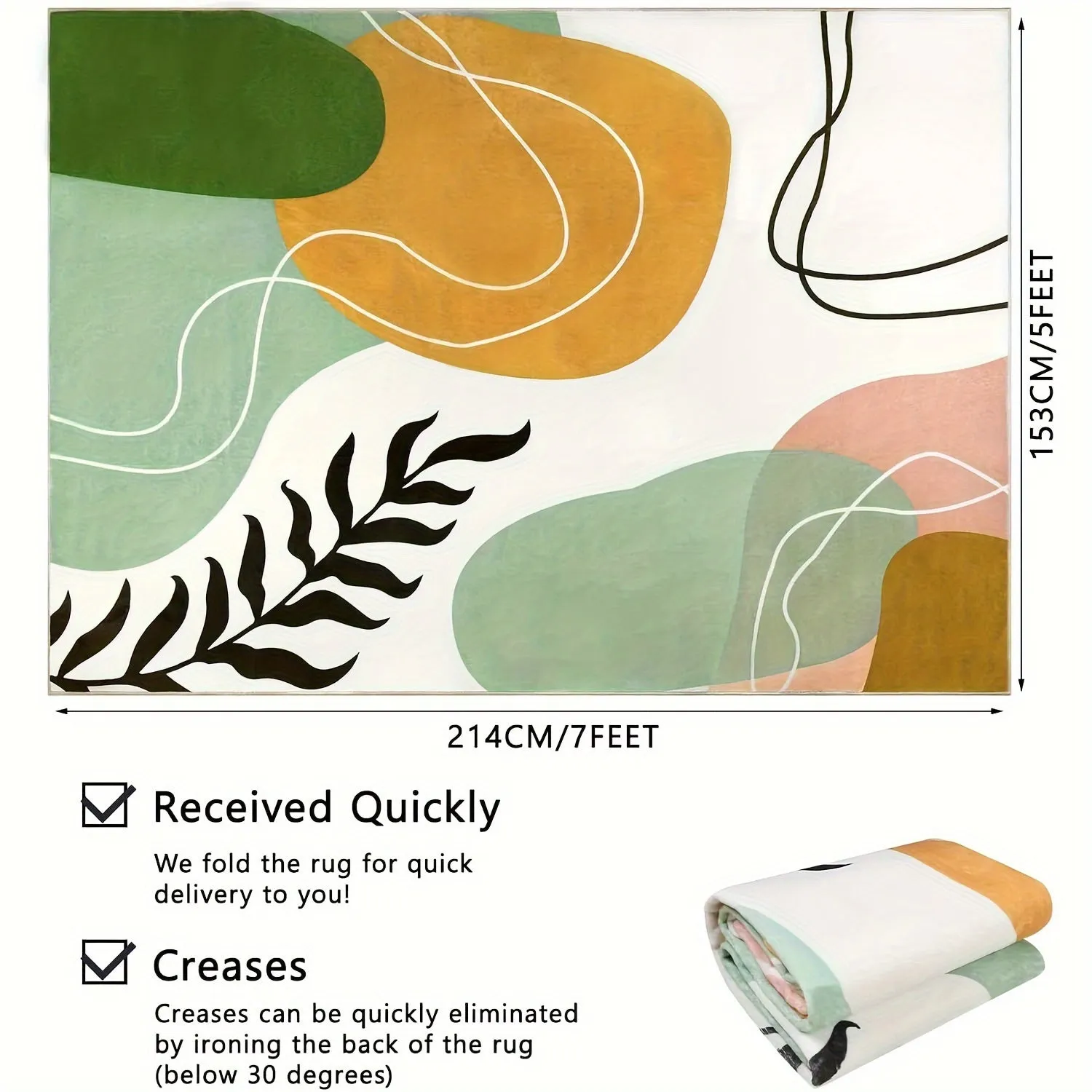 5x7 Washable Rug Boho Area Rug Abstract Living Room Rug, Mid Century Modern Non-Slip Carpet Low Pile Large Rugs for Living Room, Bedroom, Green