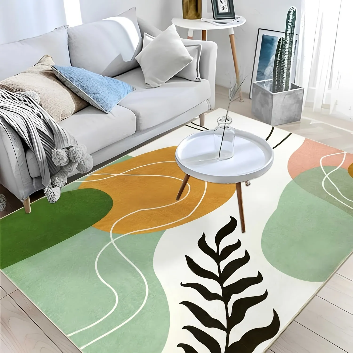 5x7 Washable Rug Boho Area Rug Abstract Living Room Rug, Mid Century Modern Non-Slip Carpet Low Pile Large Rugs for Living Room, Bedroom, Green