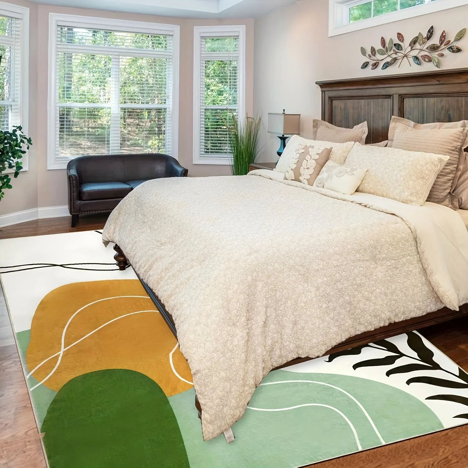 5x7 Washable Rug Boho Area Rug Abstract Living Room Rug, Mid Century Modern Non-Slip Carpet Low Pile Large Rugs for Living Room, Bedroom, Green