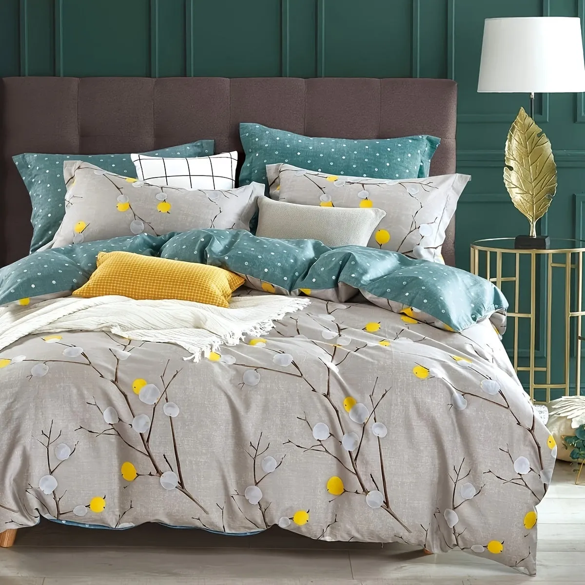 600 Thread Count SLEEPBELLA Luxury Duvet Cover - Soft Grey Branch Pattern with Yellow Turquoise Polka Dots, Reversible Comforter Cover with Green Reverse Side, Breathable, Hypoallergenic, and Machine Washable
