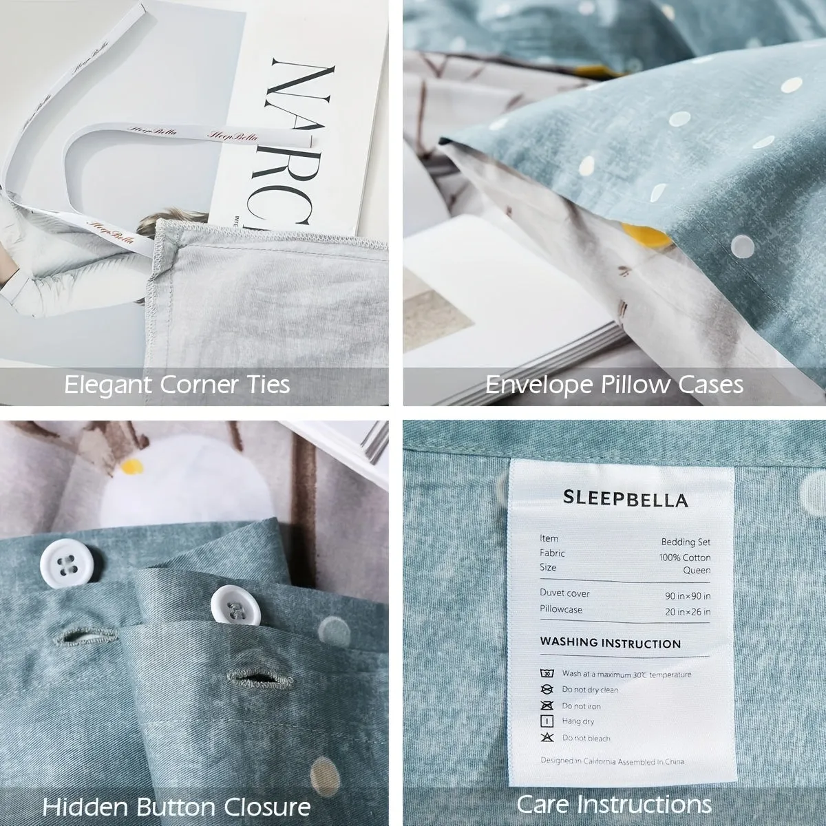 600 Thread Count SLEEPBELLA Luxury Duvet Cover - Soft Grey Branch Pattern with Yellow Turquoise Polka Dots, Reversible Comforter Cover with Green Reverse Side, Breathable, Hypoallergenic, and Machine Washable