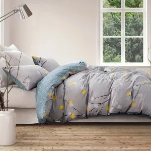 600 Thread Count SLEEPBELLA Luxury Duvet Cover - Soft Grey Branch Pattern with Yellow Turquoise Polka Dots, Reversible Comforter Cover with Green Reverse Side, Breathable, Hypoallergenic, and Machine Washable