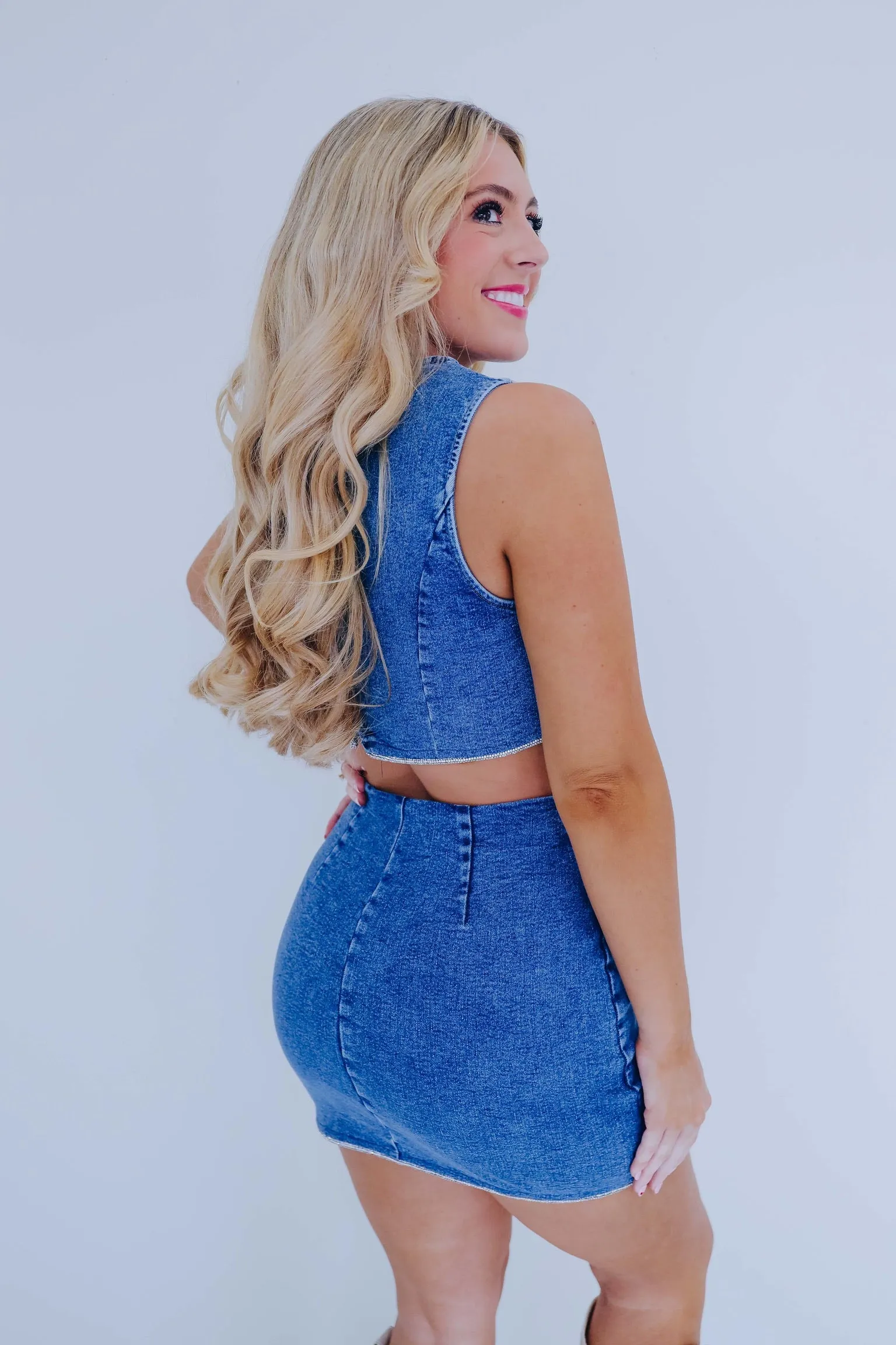 Dazzling Trim Denim Crop Top & Skirt Set