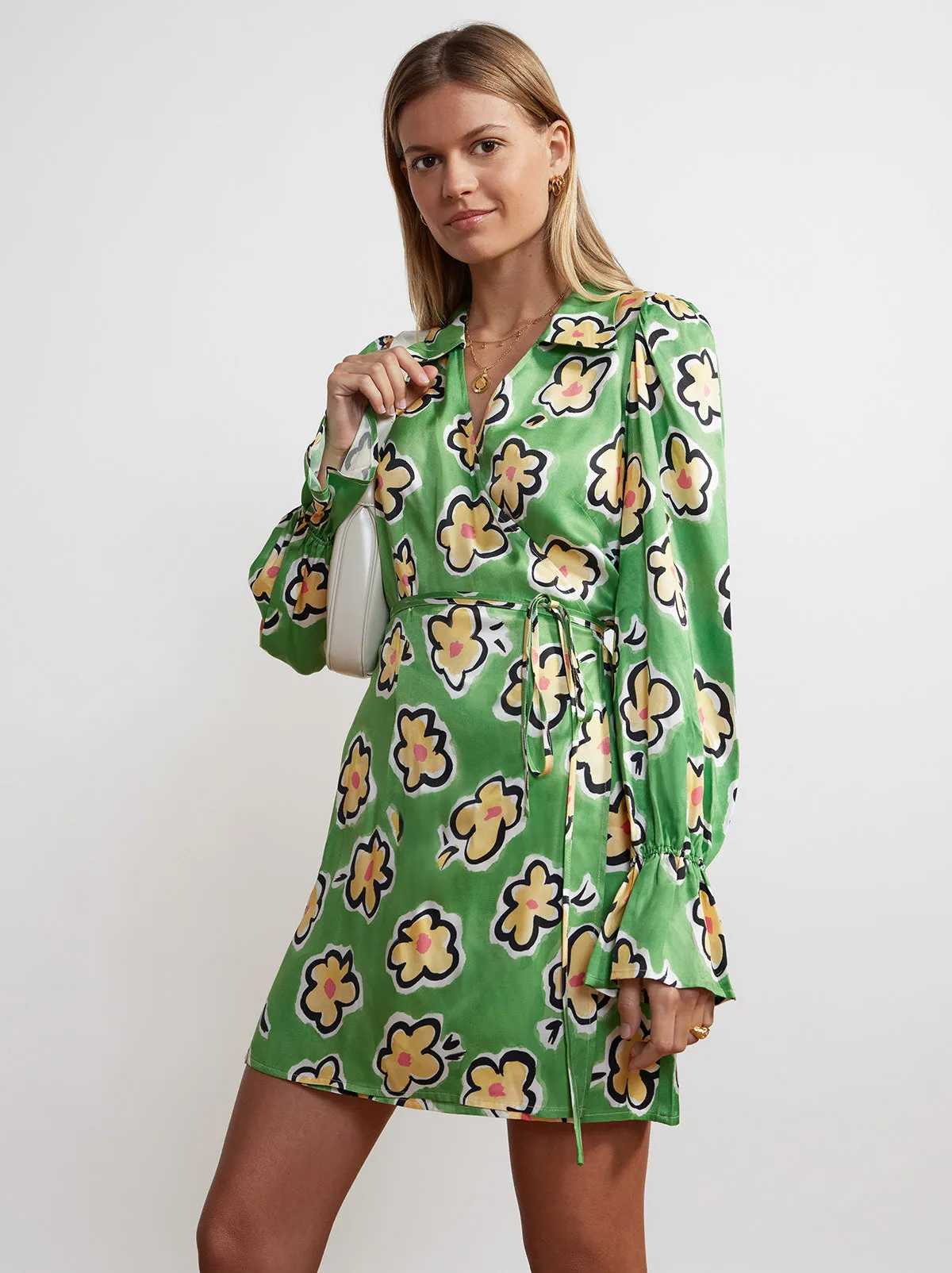 Diane Green Painted Floral Wrap Mini Dress