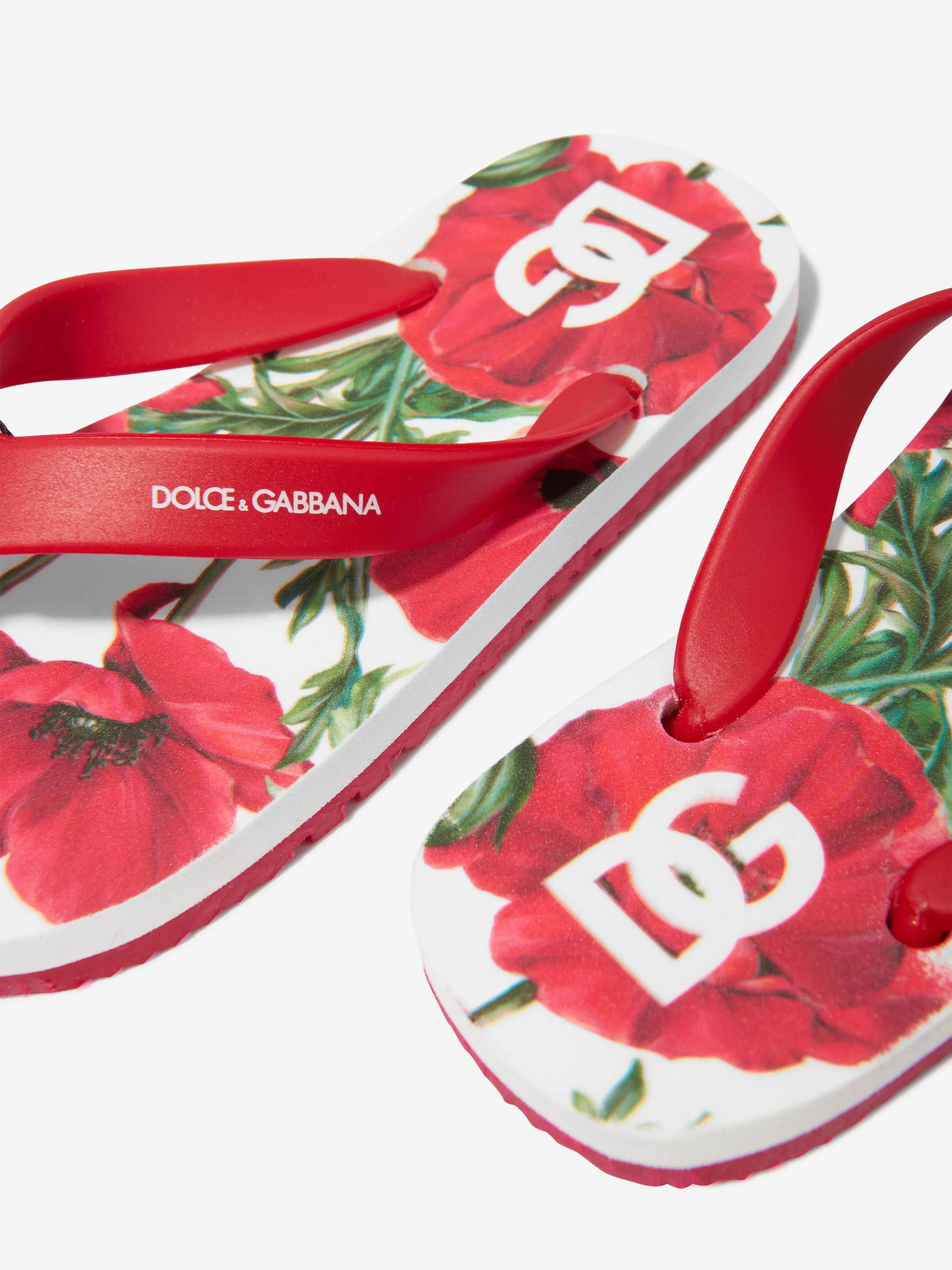 Dolce & Gabbana Girls Poppy Print Flip Flops in Red