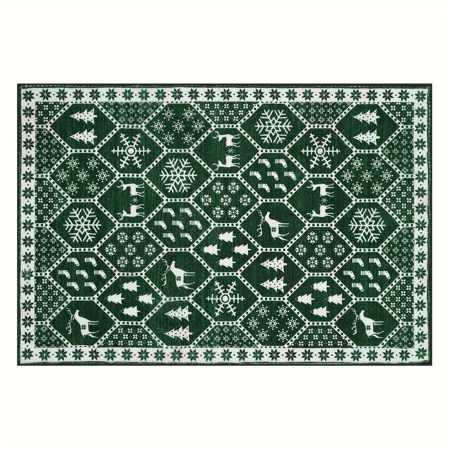 Geometric Christmas Area Rug - Festive Non-Slip Green Mat With Reindeer For Dining Room Living Room Kitchen, Doormat Perfect For Welcoming The Holiday Season