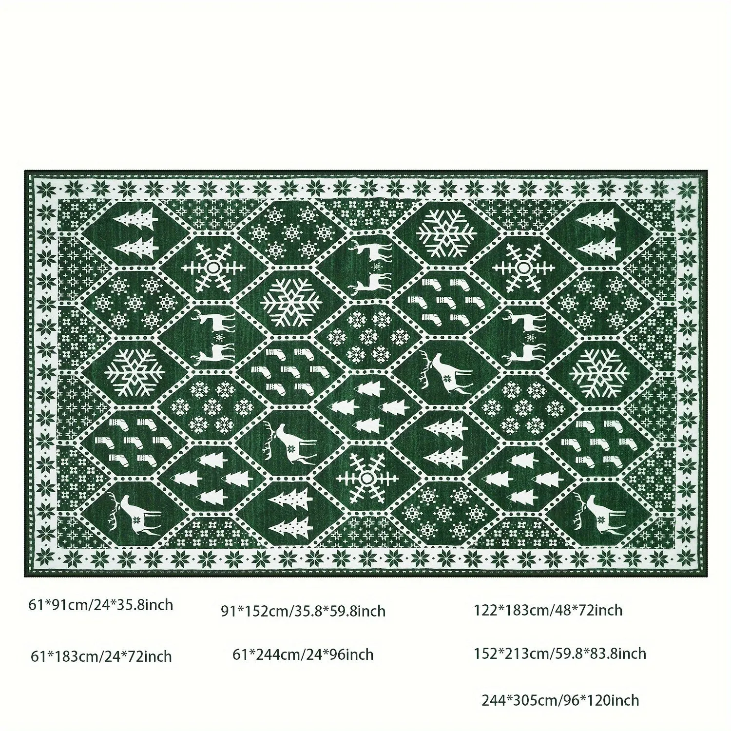 Geometric Christmas Area Rug - Festive Non-Slip Green Mat With Reindeer For Dining Room Living Room Kitchen, Doormat Perfect For Welcoming The Holiday Season