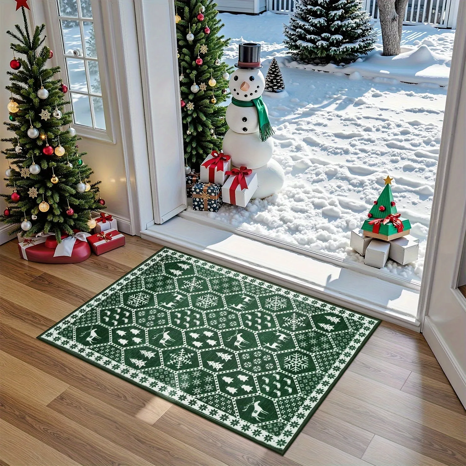 Geometric Christmas Area Rug - Festive Non-Slip Green Mat With Reindeer For Dining Room Living Room Kitchen, Doormat Perfect For Welcoming The Holiday Season