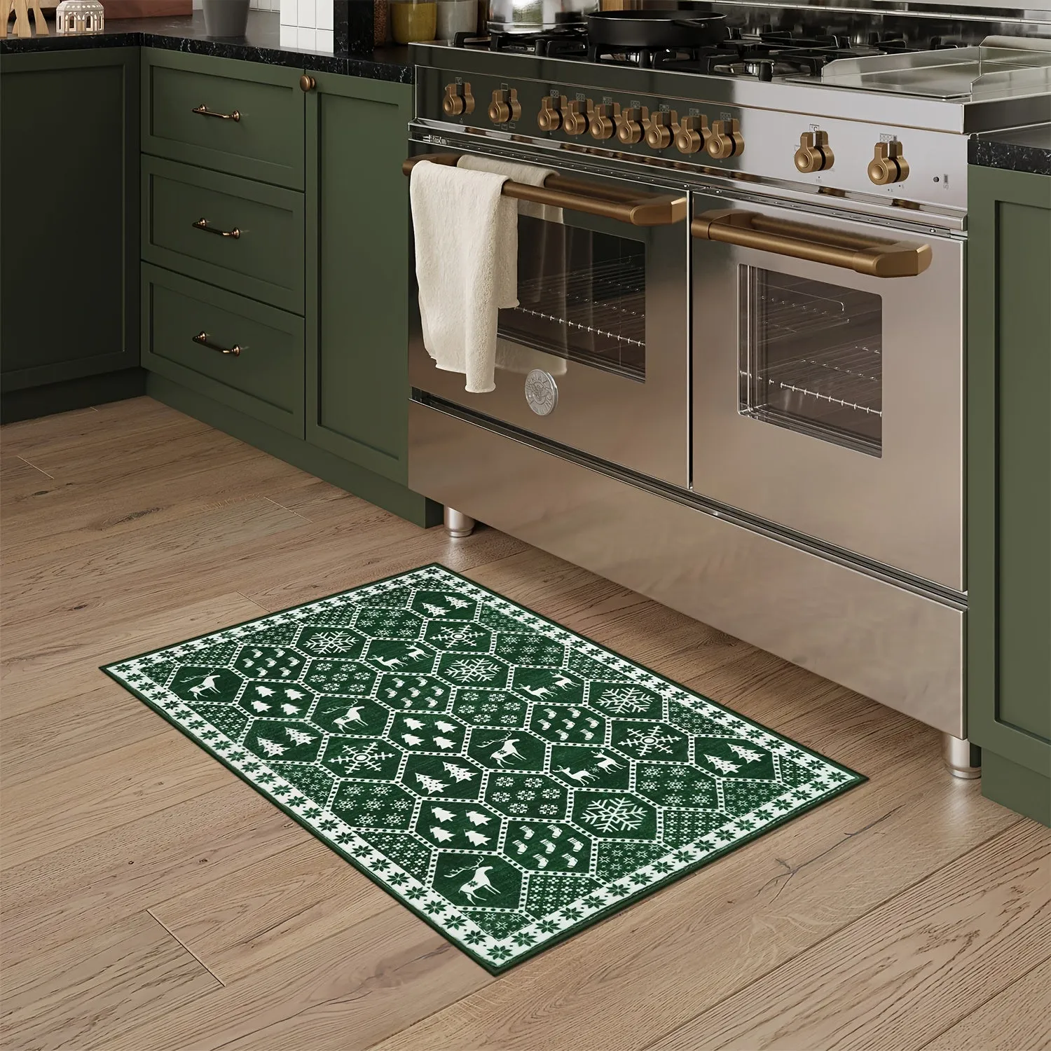 Geometric Christmas Area Rug - Festive Non-Slip Green Mat With Reindeer For Dining Room Living Room Kitchen, Doormat Perfect For Welcoming The Holiday Season