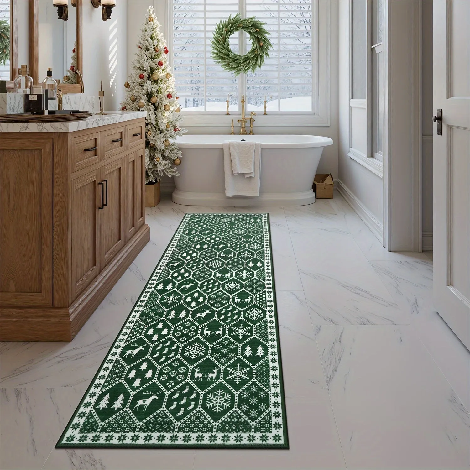 Geometric Christmas Area Rug - Festive Non-Slip Green Mat With Reindeer For Dining Room Living Room Kitchen, Doormat Perfect For Welcoming The Holiday Season