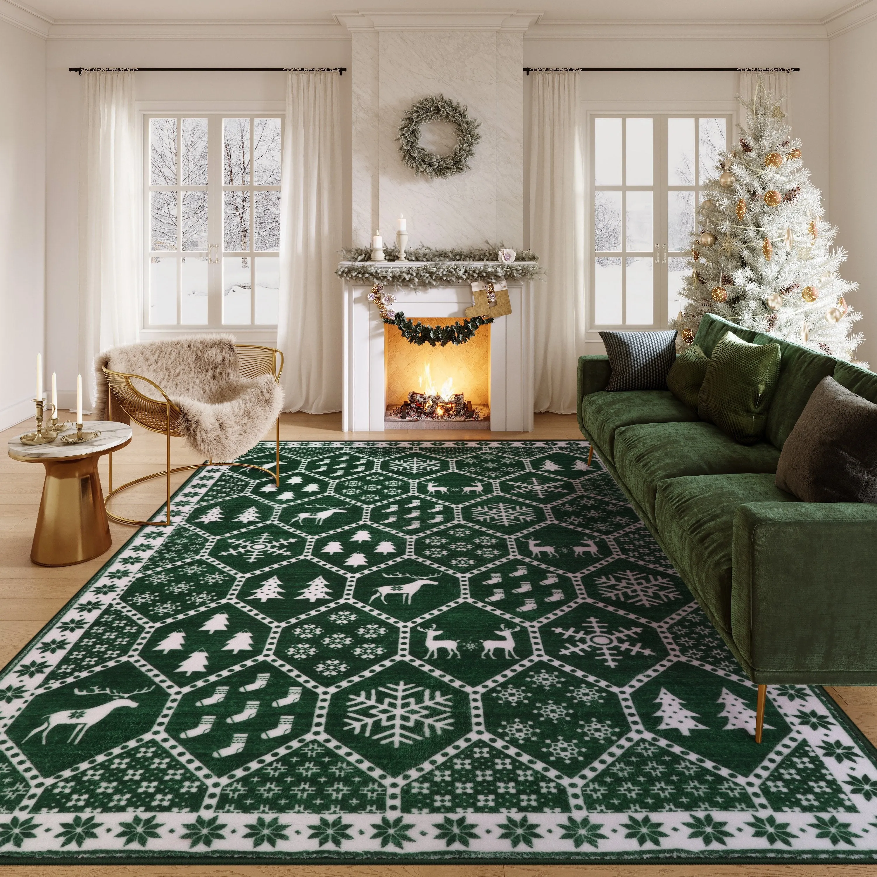 Geometric Christmas Area Rug - Festive Non-Slip Green Mat With Reindeer For Dining Room Living Room Kitchen, Doormat Perfect For Welcoming The Holiday Season