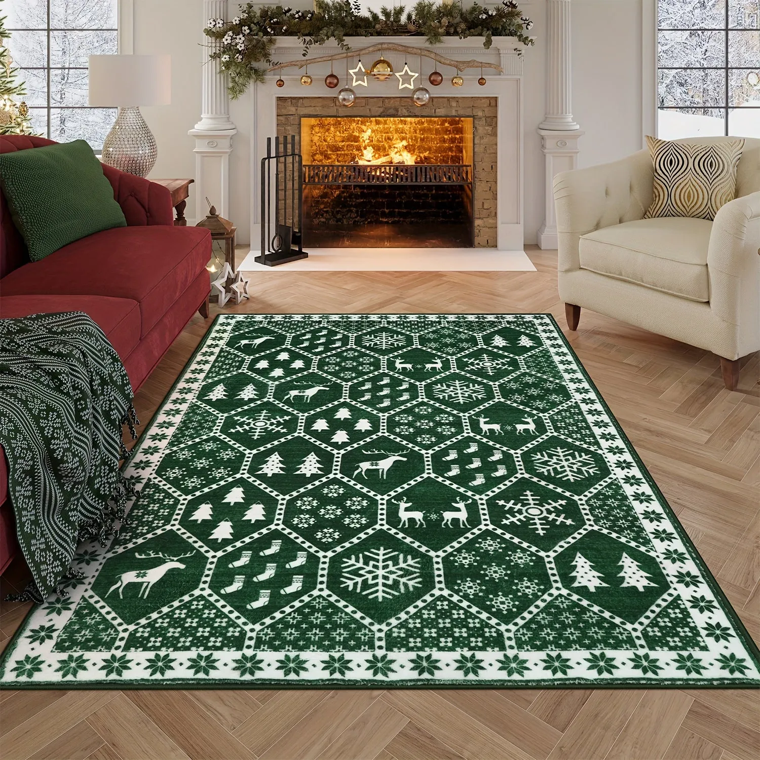 Geometric Christmas Area Rug - Festive Non-Slip Green Mat With Reindeer For Dining Room Living Room Kitchen, Doormat Perfect For Welcoming The Holiday Season