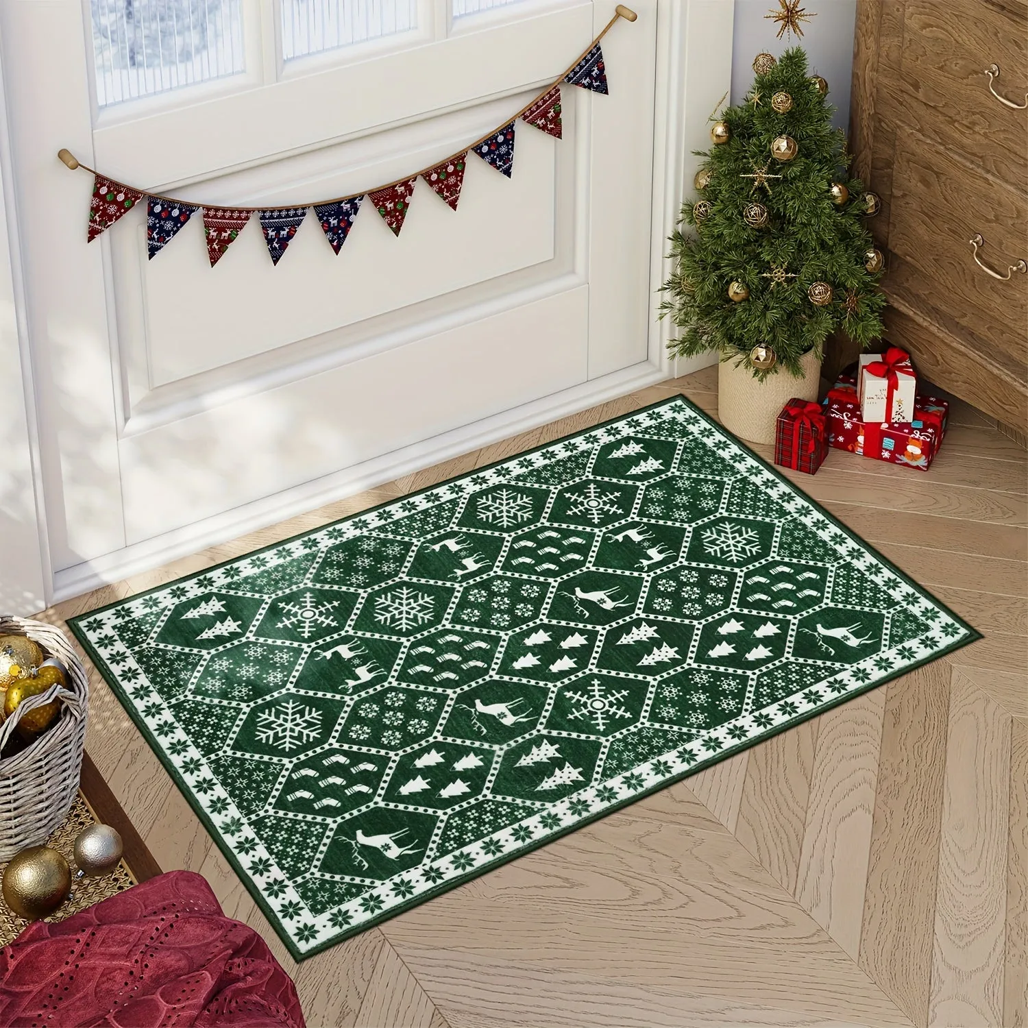 Geometric Christmas Area Rug - Festive Non-Slip Green Mat With Reindeer For Dining Room Living Room Kitchen, Doormat Perfect For Welcoming The Holiday Season