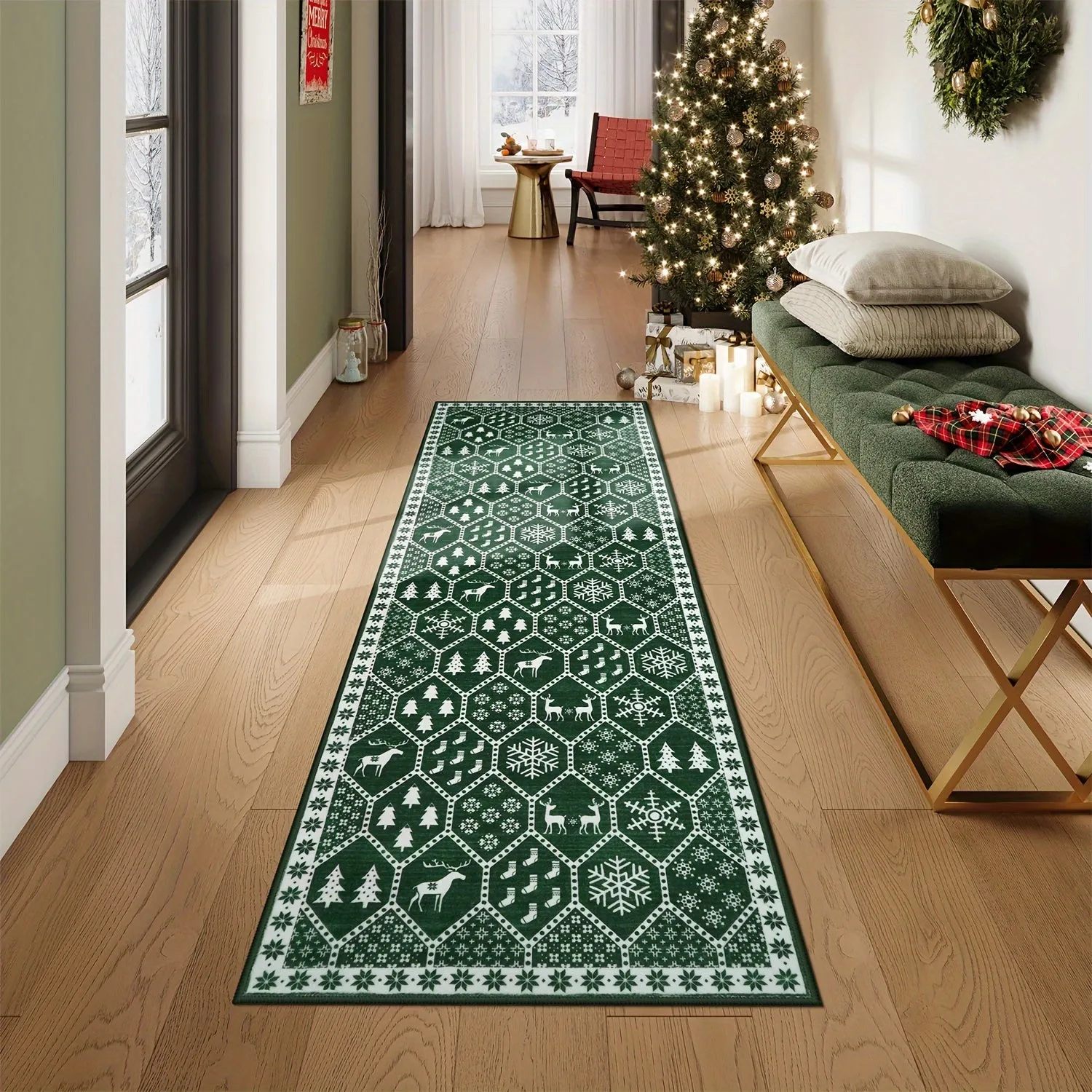 Geometric Christmas Area Rug - Festive Non-Slip Green Mat With Reindeer For Dining Room Living Room Kitchen, Doormat Perfect For Welcoming The Holiday Season