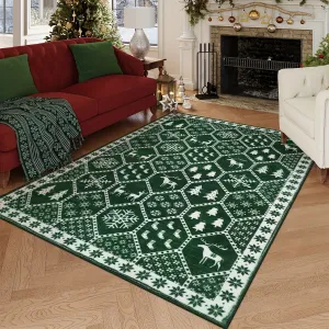 Geometric Christmas Area Rug - Festive Non-Slip Green Mat With Reindeer For Dining Room Living Room Kitchen, Doormat Perfect For Welcoming The Holiday Season