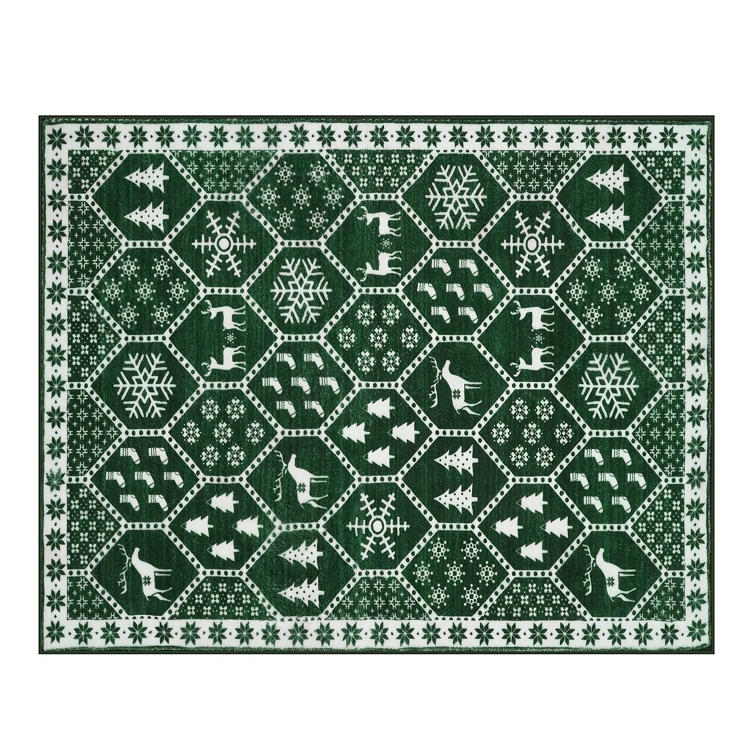 Geometric Christmas Area Rug - Festive Non-Slip Green Mat With Reindeer For Dining Room Living Room Kitchen, Doormat Perfect For Welcoming The Holiday Season