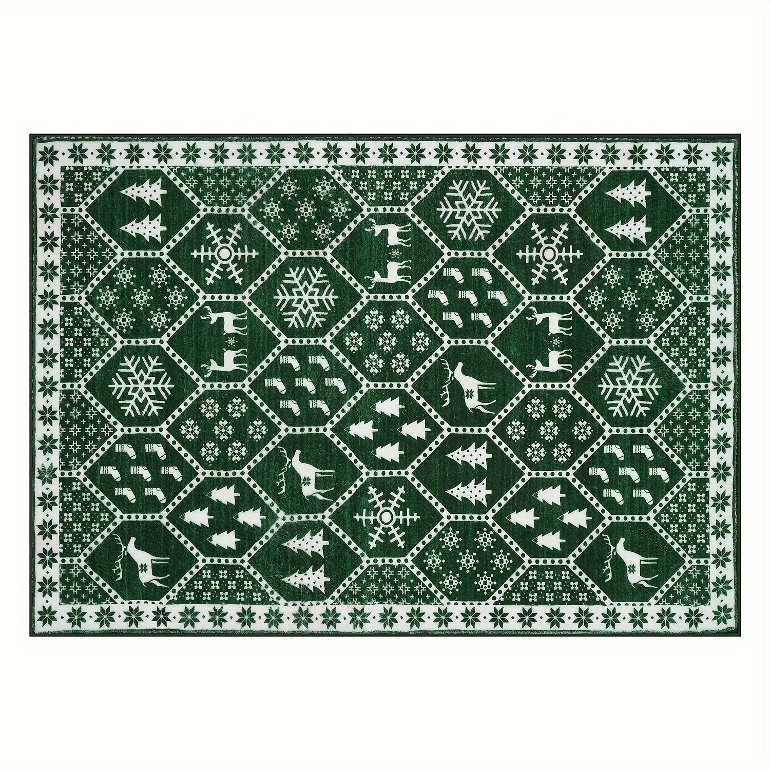 Geometric Christmas Area Rug - Festive Non-Slip Green Mat With Reindeer For Dining Room Living Room Kitchen, Doormat Perfect For Welcoming The Holiday Season