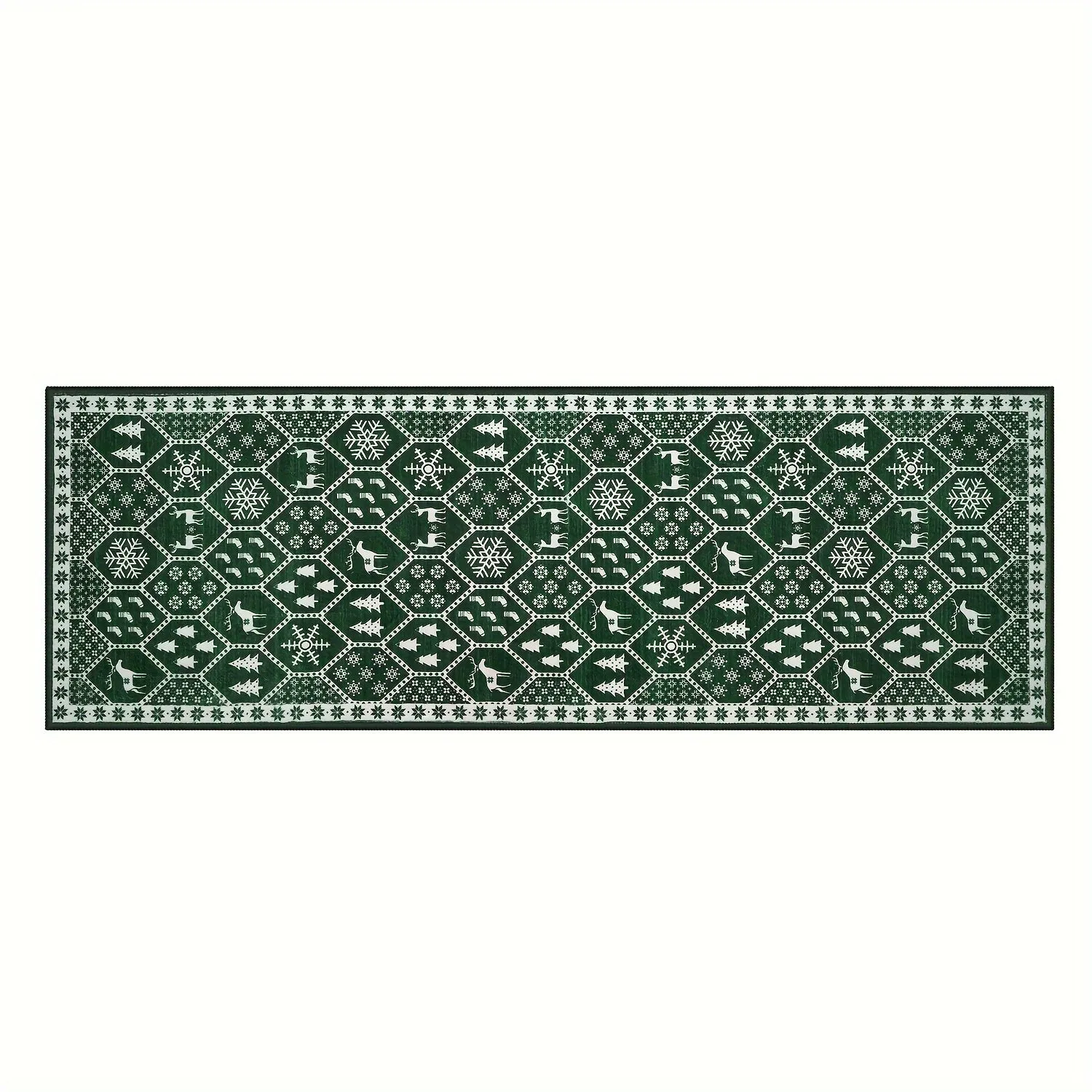 Geometric Christmas Area Rug - Festive Non-Slip Green Mat With Reindeer For Dining Room Living Room Kitchen, Doormat Perfect For Welcoming The Holiday Season