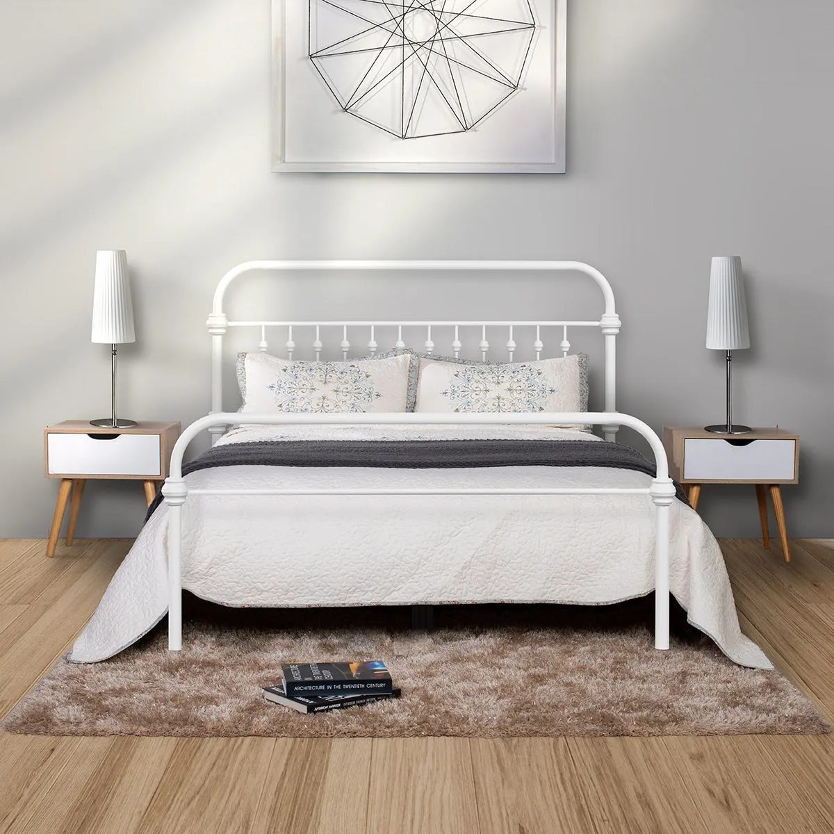 HomyCasa Black/White Modern Metal Bed - 3 Size: Full/Queen/Twin