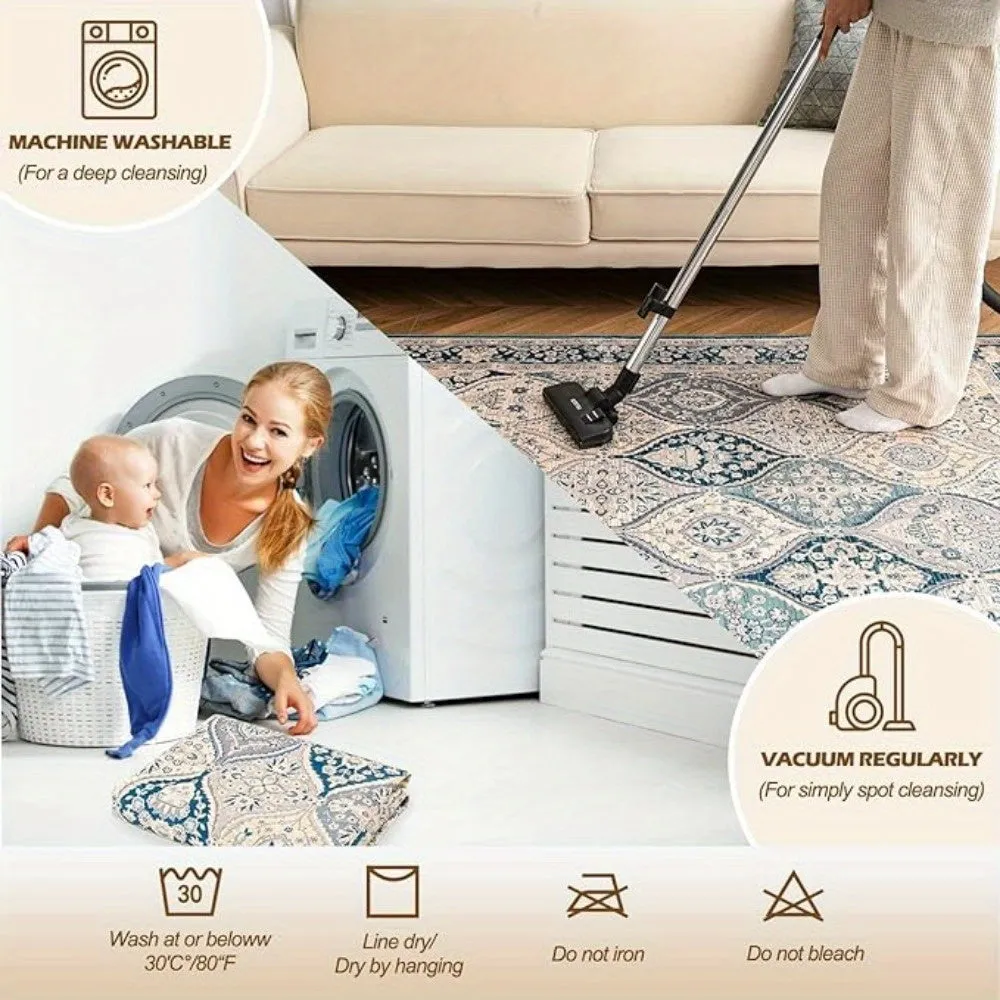 Orhopui Area Rug Boho Machine Washable Rug Anti Slip Backing Rugs Stain Resistant Rugs for Living Room Bedroom Floor Carpets for Bedroom Large Rug Home Decor Area Rugs, Blue