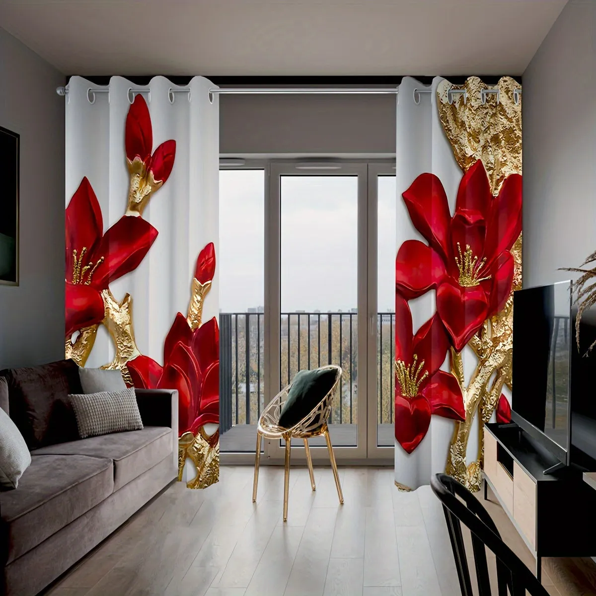 Red Magnolia Floral Blackout Curtains 84 Inches Long, Metallic Flower Gold Living Room Kitchen Drapes Darkening Bedroom Thermal Insulated Window Treatment Curtains 2 Panel Sets 52"x84" Christmas decor