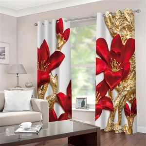 Red Magnolia Floral Blackout Curtains 84 Inches Long, Metallic Flower Gold Living Room Kitchen Drapes Darkening Bedroom Thermal Insulated Window Treatment Curtains 2 Panel Sets 52"x84" Christmas decor